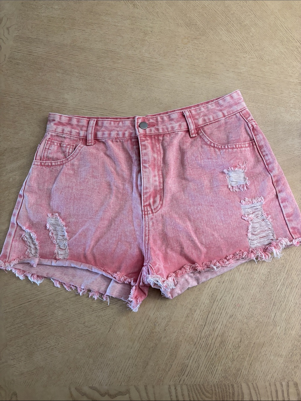 High-Rise Pink Distressed Denim Shorts